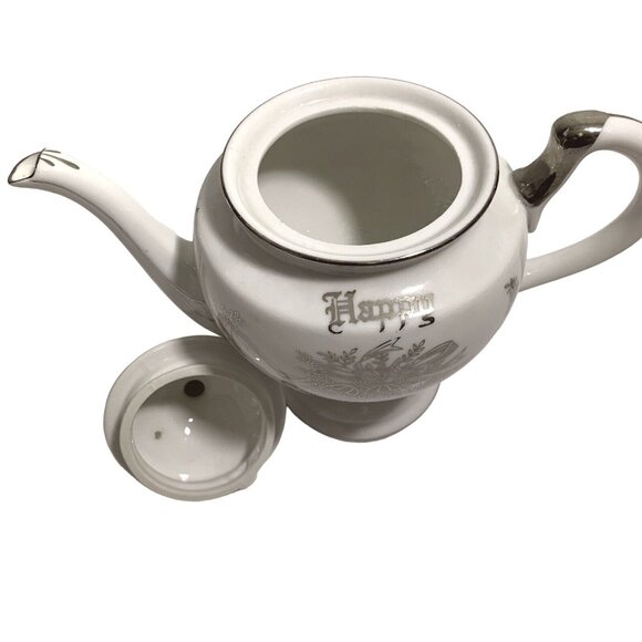 Vintage Happy Silver Anniversary Teapot 25 Years Bells Floral Collectible Gift - Picture 9 of 9
